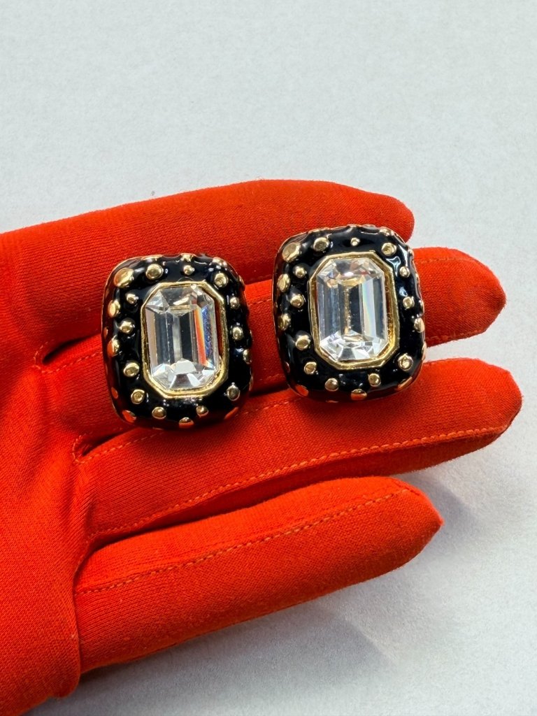 Vintage Blanca Bold Runway Black Enamel Emerald Cut Crystal Earrings